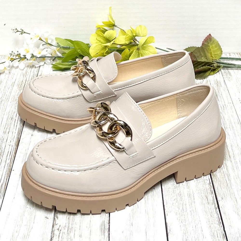 New Bone Beige Patent Gold Chain Platform Penny Loafers
